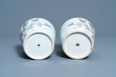 A pair of Chinese famille rose jardini&egrave;res and a Canton famille rose celadon dish, 19th C.