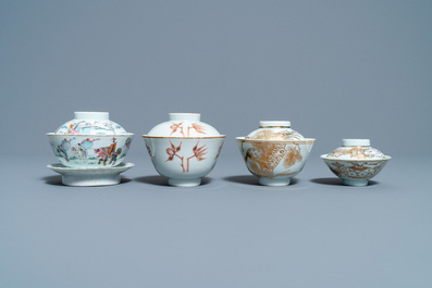 Eight Chinese famille rose and iron-red covered bowls with two stands, 19th C.