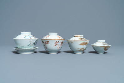 Eight Chinese famille rose and iron-red covered bowls with two stands, 19th C.