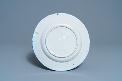 A Dutch Delft blue and white chinoiserie dish, 17th C.