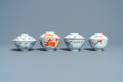 Eight Chinese famille rose and iron-red covered bowls with two stands, 19th C.