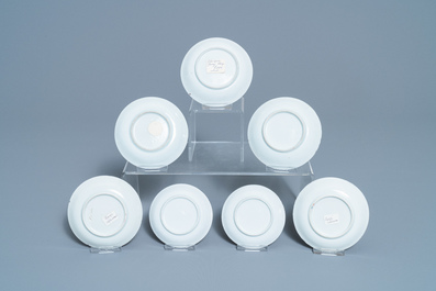 Two Chinese famille rose cups and seven saucers, Yongzheng