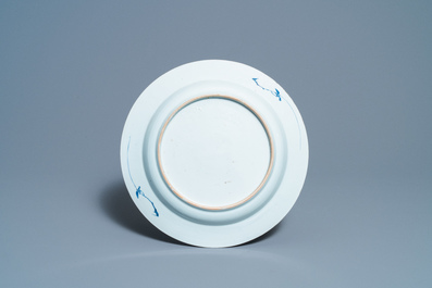 A Chinese blue and white 'lotus' dish and a famille verte dish, Kangxi