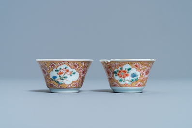 Two Chinese famille rose cups and seven saucers, Yongzheng
