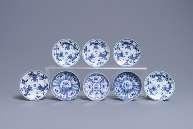 Eight Chinese blue and white cups and saucers, Kangxi