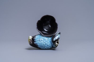 A Chinese aubergine- and turquoise-glazed duck and lotus-shaped water dropper, Kangxi