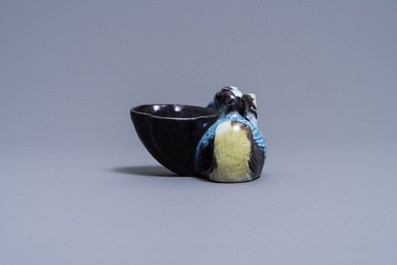 A Chinese aubergine- and turquoise-glazed duck and lotus-shaped water dropper, Kangxi