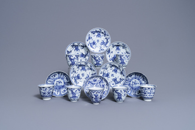 Eight Chinese blue and white cups and saucers, Kangxi