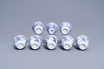 Eight Chinese blue and white cups and saucers, Kangxi