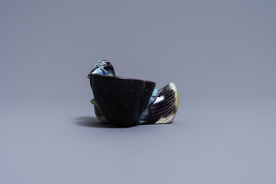 A Chinese aubergine- and turquoise-glazed duck and lotus-shaped water dropper, Kangxi