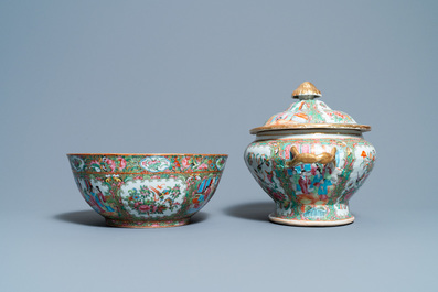A Chinese Canton famille rose bowl and a tureen on stand, 19th C