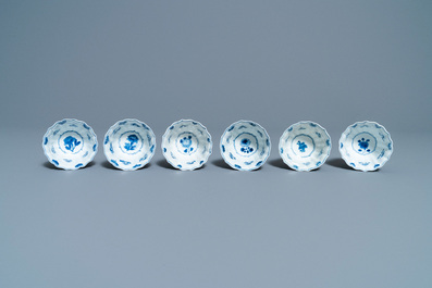 Six Chinese blue and white cups and saucers, Kangxi
