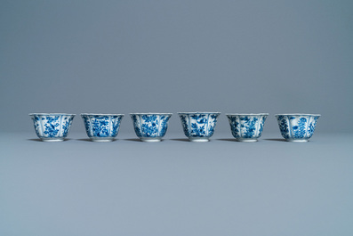 Six Chinese blue and white cups and saucers, Kangxi