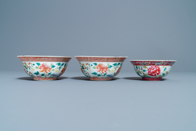 Three Chinese famille rose plates and three bowls for the Straits or Peranakan market, 19th C.