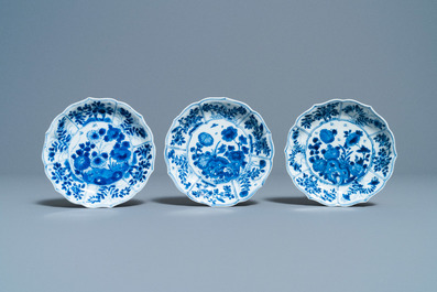 Six Chinese blue and white cups and saucers, Kangxi
