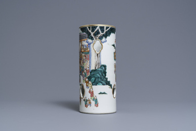 A reticulated Chinese famille rose '100 boys' hat stand, Qianlong mark, 19th C.