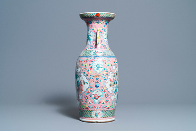 A Chinese pink-ground famille rose vase, 19th C.