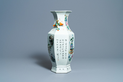 A Chinese hexagonal qianjiang cai vase, 19th C.
