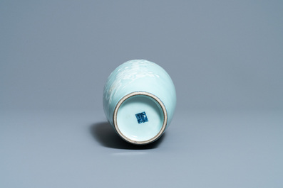 A Chinese monochrome blue censer and a white slip-decorated celadon vase, 18/19th C.
