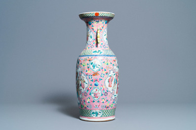 A Chinese pink-ground famille rose vase, 19th C.