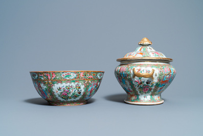 A Chinese Canton famille rose bowl and a tureen on stand, 19th C