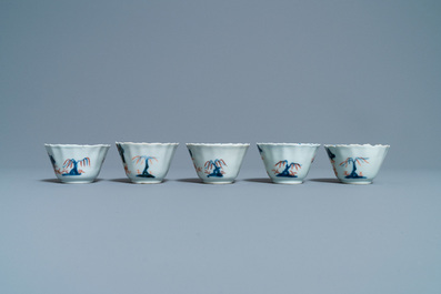 Five Chinese Imari-style cups and saucers, Kangxi