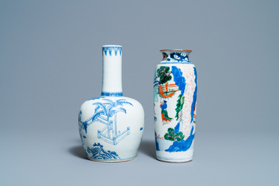 A Chinese wucai rouleau vase and a blue, white and copper-red vase, 19/20th C.