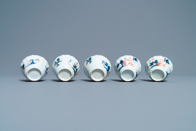 Five Chinese Imari-style cups and saucers, Kangxi