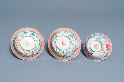 Three Chinese famille rose plates and three bowls for the Straits or Peranakan market, 19th C.