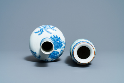 A Chinese wucai rouleau vase and a blue, white and copper-red vase, 19/20th C.