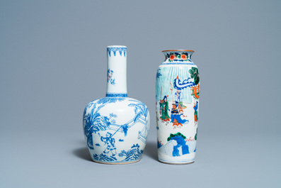 A Chinese wucai rouleau vase and a blue, white and copper-red vase, 19/20th C.