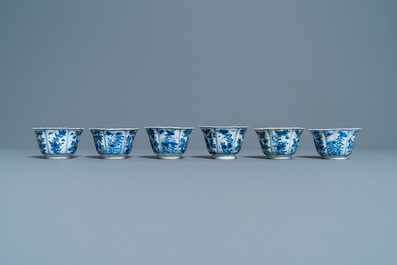 Six Chinese blue and white cups and saucers, Kangxi