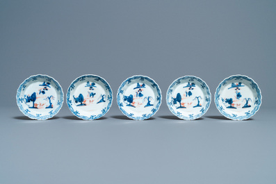 Five Chinese Imari-style cups and saucers, Kangxi