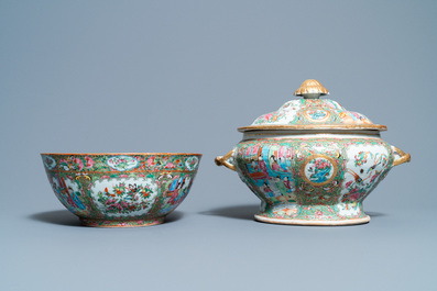 A Chinese Canton famille rose bowl and a tureen on stand, 19th C