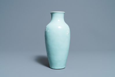 A Chinese monochrome blue censer and a white slip-decorated celadon vase, 18/19th C.