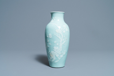 A Chinese monochrome blue censer and a white slip-decorated celadon vase, 18/19th C.