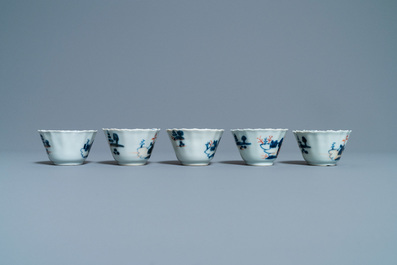 Five Chinese Imari-style cups and saucers, Kangxi