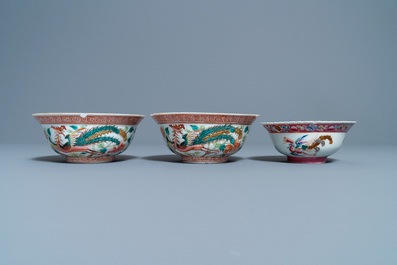 Three Chinese famille rose plates and three bowls for the Straits or Peranakan market, 19th C.