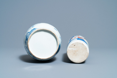 A Chinese wucai rouleau vase and a blue, white and copper-red vase, 19/20th C.