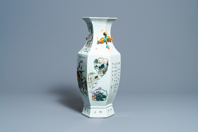 A Chinese hexagonal qianjiang cai vase, 19th C.