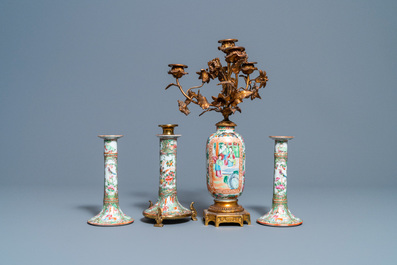 Three Chinese Canton famille rose candlesticks and a vase with gilt bronze mounts, 19th C.
