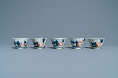 Five Chinese Imari-style cups and saucers, Kangxi