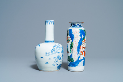 A Chinese wucai rouleau vase and a blue, white and copper-red vase, 19/20th C.