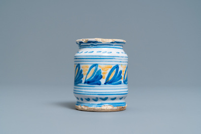 A polychrome maiolica albarello-type ointment jar, Northern Netherlands, ca. 1600