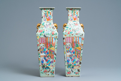 A pair of Chinese square famille rose celadon-ground vases on gilt bronze feet, 19th C.