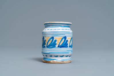 A polychrome maiolica albarello-type ointment jar, Northern Netherlands, ca. 1600