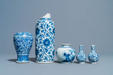 Five Chinese blue and white vases, Kangxi and later