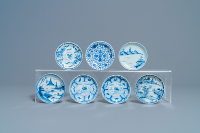 Nineteen Chinese blue and white cups and twenty-one saucers, Kangxi and later