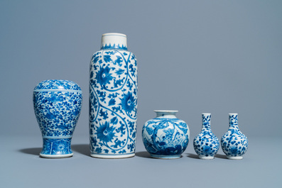 Five Chinese blue and white vases, Kangxi and later