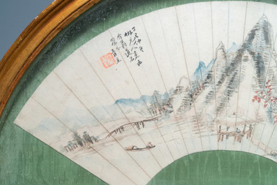 Chinese school, ink and color on paper fan leaf: 'Mountainous landscape', 19/20th C.